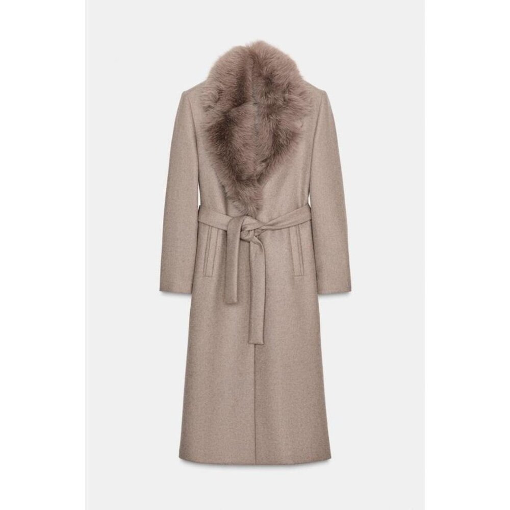 ZARA WOOL COAT WITH FAUX FUR LAPEL AND BELT